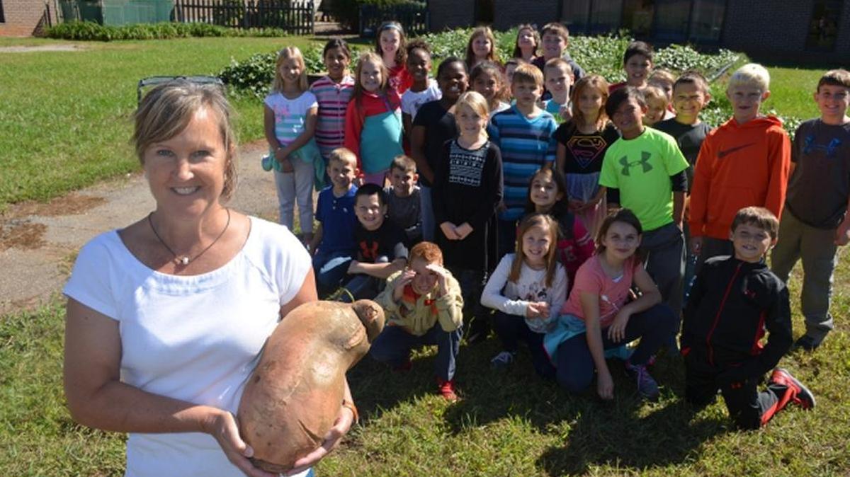 Nurse Carolyn Hendrix holds the massive sweet potato, with the Carlisle-Foster’s Grove Elementary’s Green Team club.