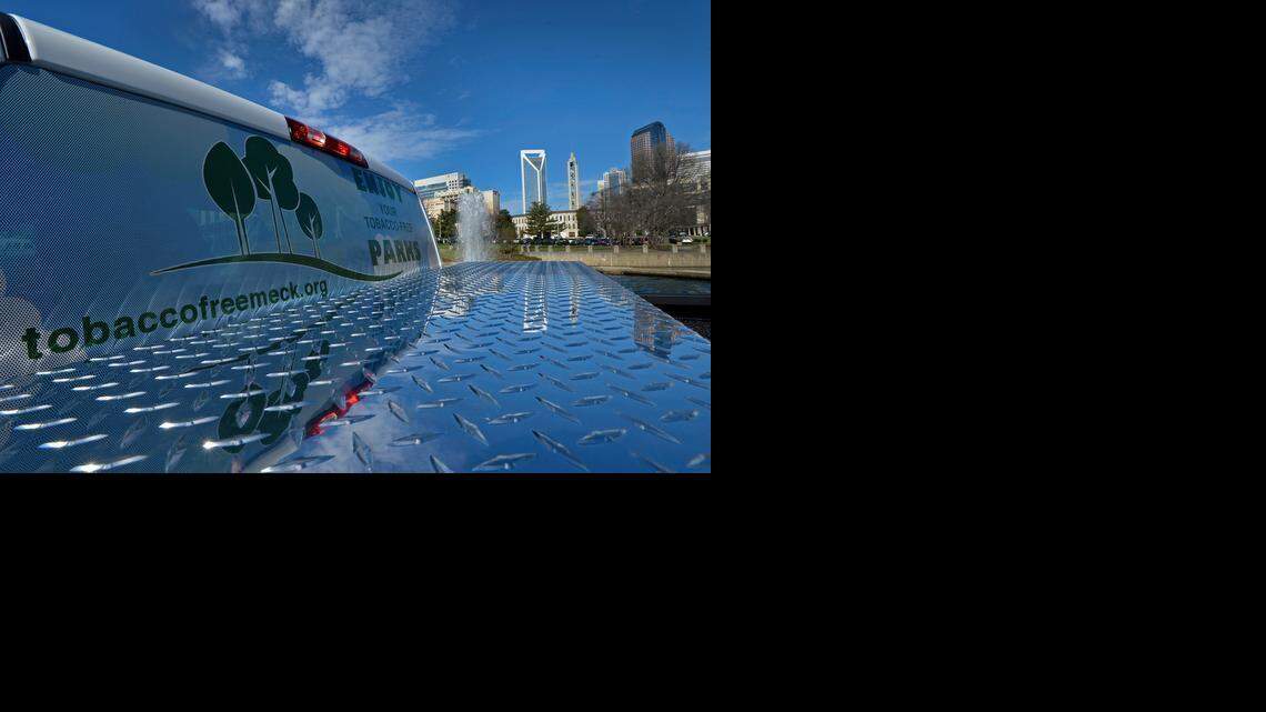 
A Mecklenburg Park and Recreation truck displays new artwork that advertises Mecklenburg County’s new ban on smoking on government grounds. 
