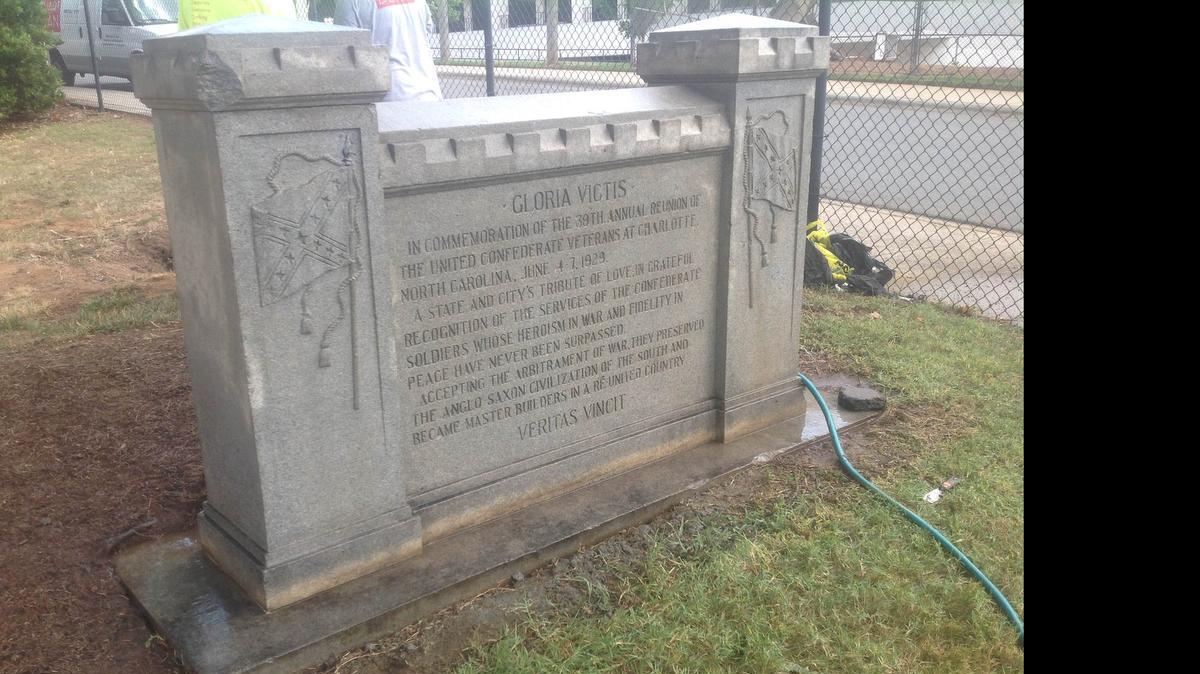 
The monument to a 1929 convention of Confederate veterans, after cement was removed from the monument.
