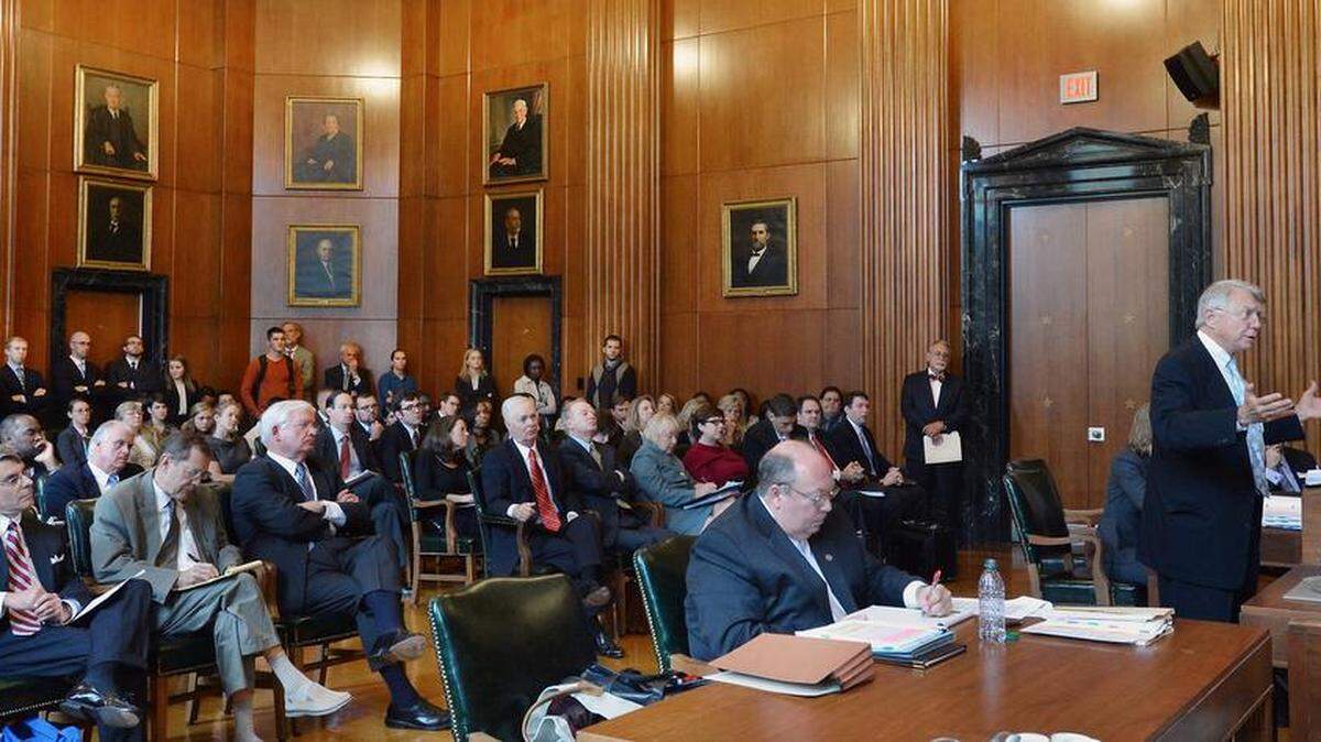 Attorney Jim Exum, a former Supreme Court chief justice argues in front of the NC Supreme Court on Oct. 15, 2013 in Raleigh, NC. The state Supreme Court listened to arguments that could determine the future of public preschool in North Carolina as part of the long-running Leandro case.