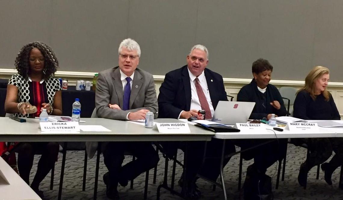CMS board member Ericka Ellis-Stewart, Matthews Mayor Pro Tem John Higdon, Mayor Paul Bailey, CMS board chair Mary McCray and CMS vice chair Rhonda Cheek (left-right) at Tuesday’s joint meeting of the two boards.