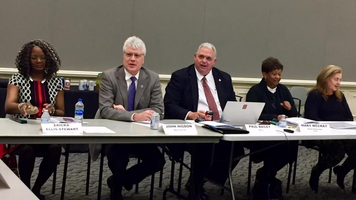 CMS board member Ericka Ellis-Stewart, Matthews Mayor Pro Tem John Higdon, Mayor Paul Bailey, CMS board chair Mary McCray and CMS vice chair Rhonda Cheek (left-right) at Tuesday’s joint meeting of the two boards.