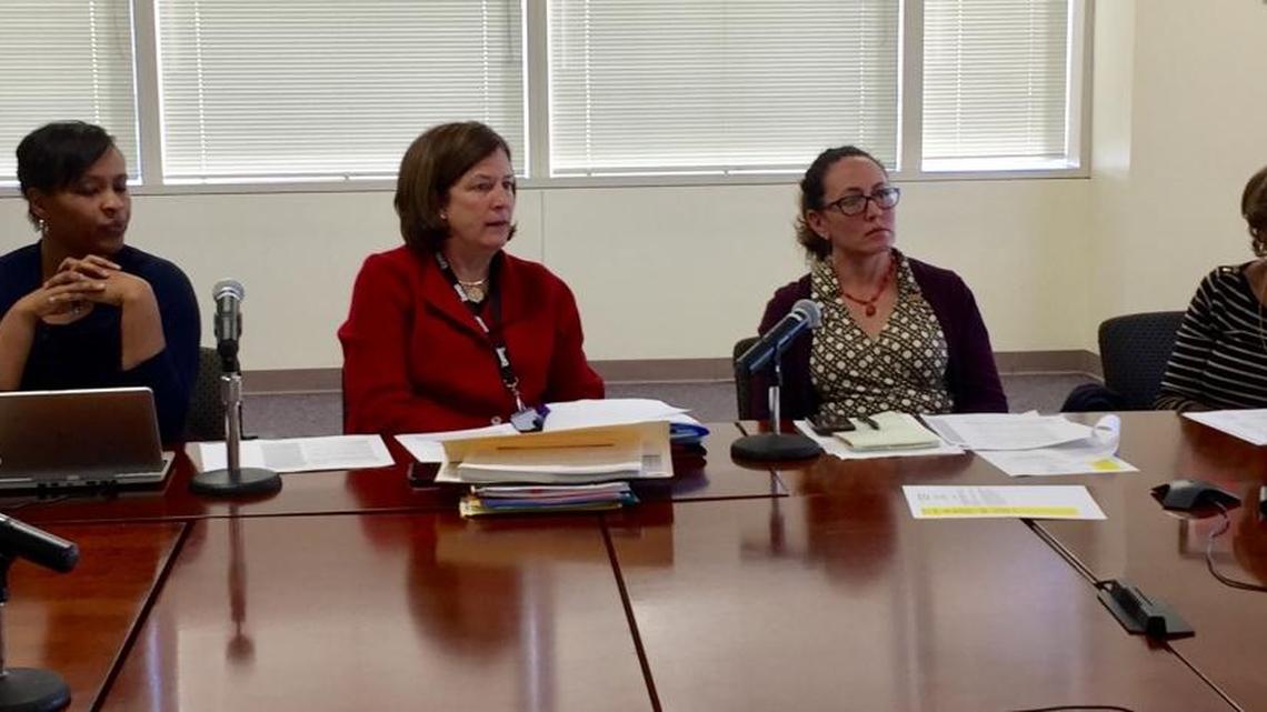 Assistant Superintendent Akeshia Craven-Howell (l-r), Superintendent Ann Clark and Charlotte-Mecklenburg school board members Elyse Dashew and Ruby Jones discuss the new magnet plan Monday.