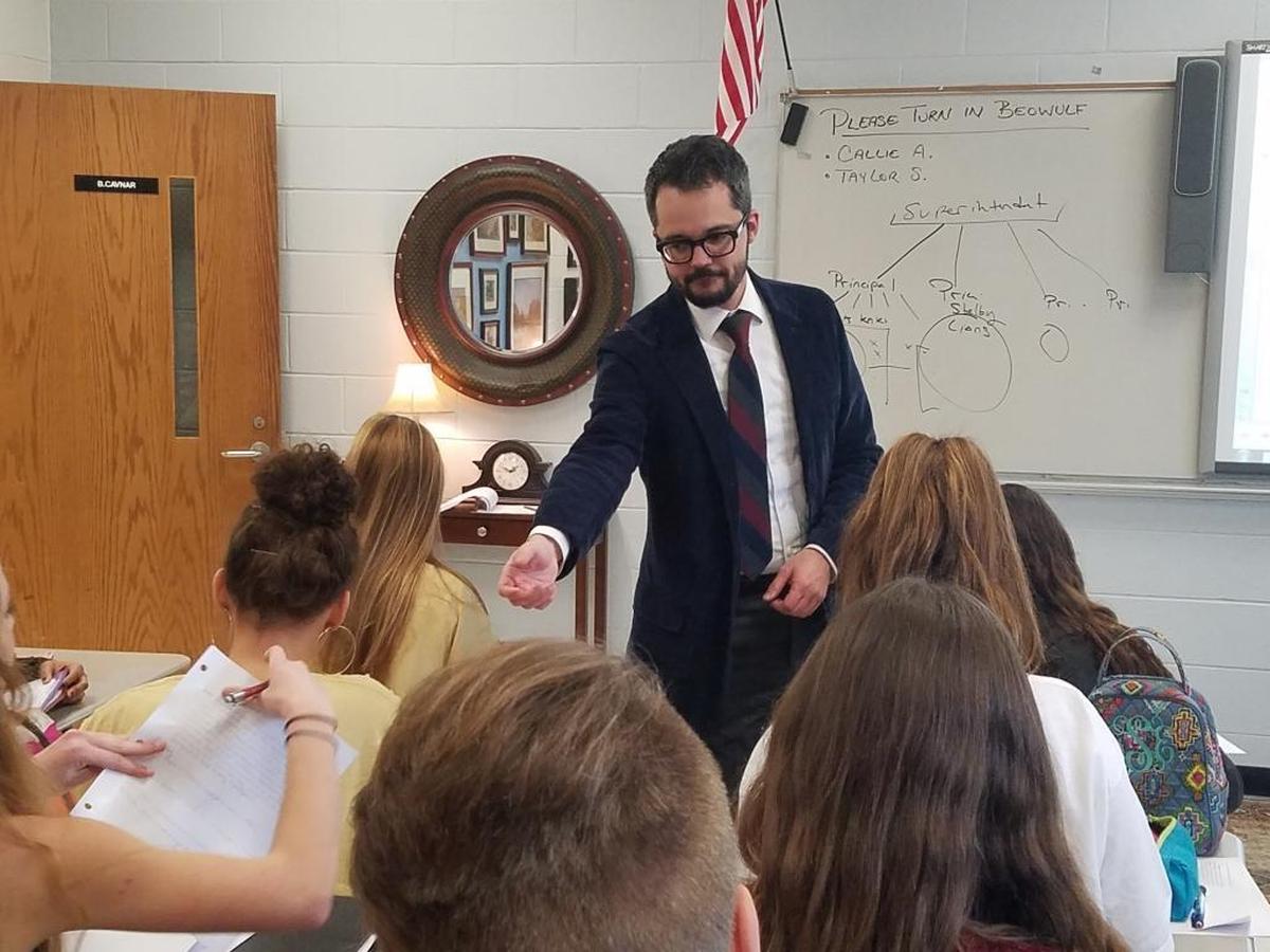 Bobbie Cavnar, just named the nation’s top teacher by the NEA Foundation, teaches an Advanced Placement class at South Point High School in Belmont on Wednesday.