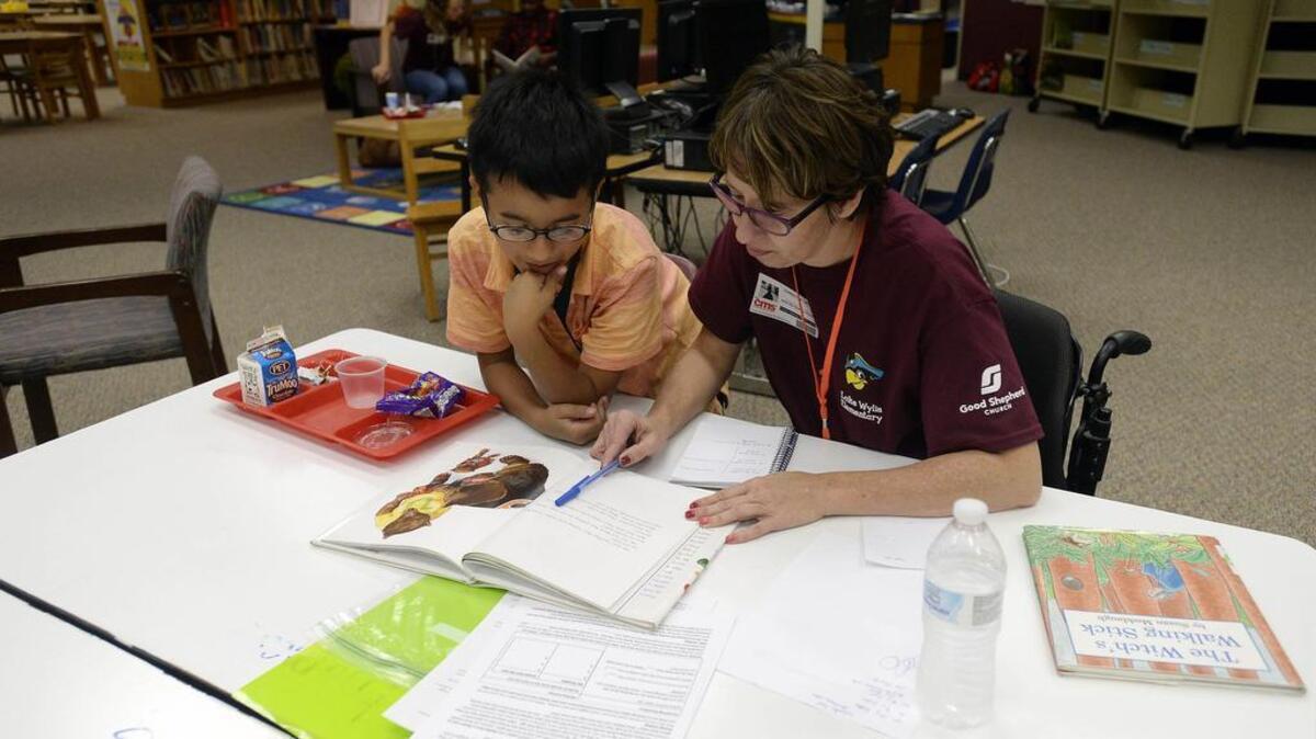 Volunteers work one-on-one with elementary students, like this pair at Lake Wylie Elementary last year, to increase reading success.