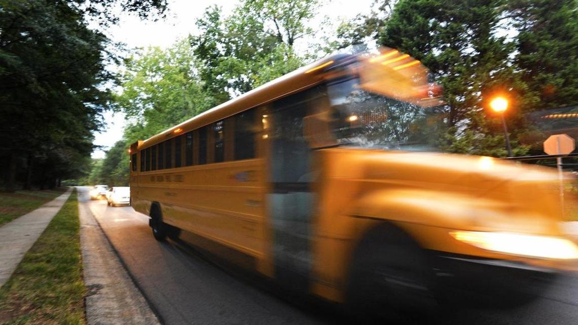 A school bus heads for school after its last stop on the way to South Mecklenburg High School on the first day of school, Monday, August 29, 2016.