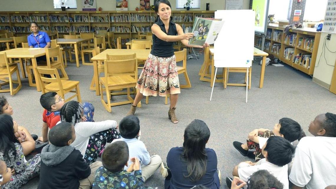 Author LeUyen Pham reads one of her books to second graders at Westerly Hills Elementary in Charlotte.