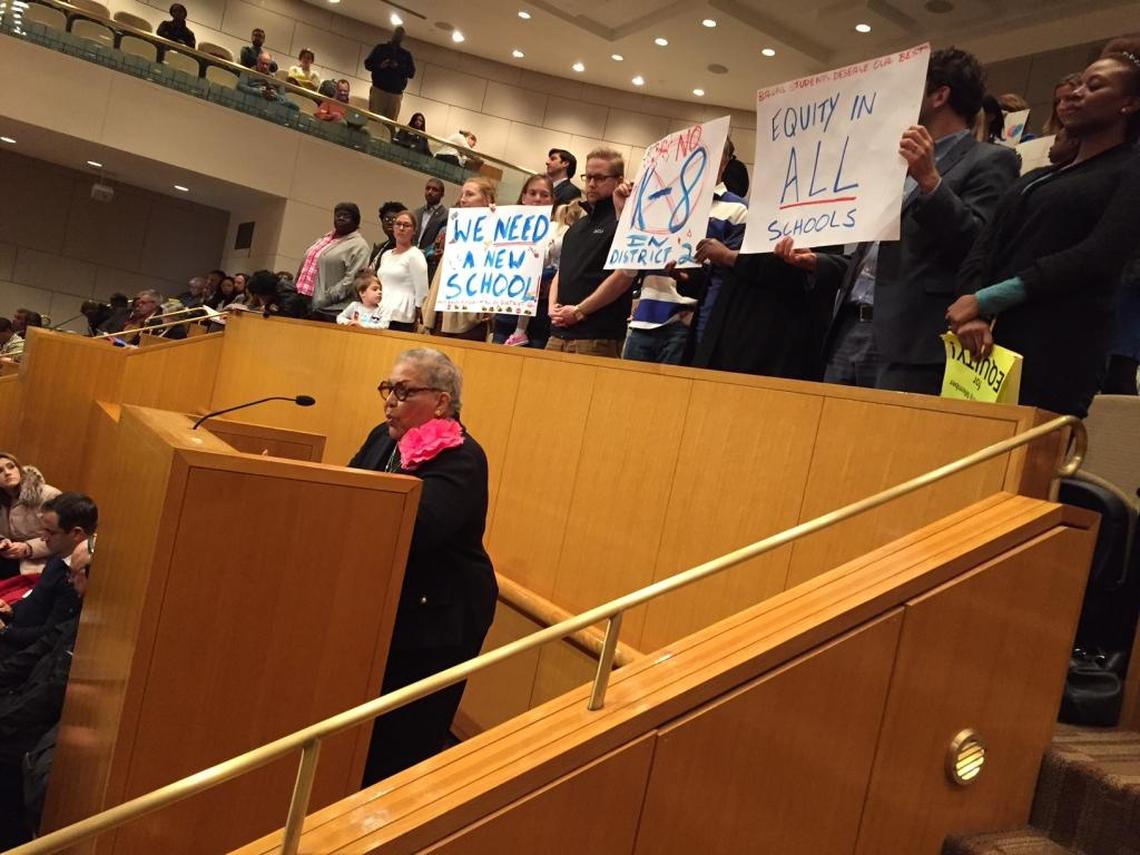 Mecklenburg commissioner Vilma Leake spoke at a January 2017 school board meeting, urging the board to build new schools for West Charlotte High and Bruns Academy.