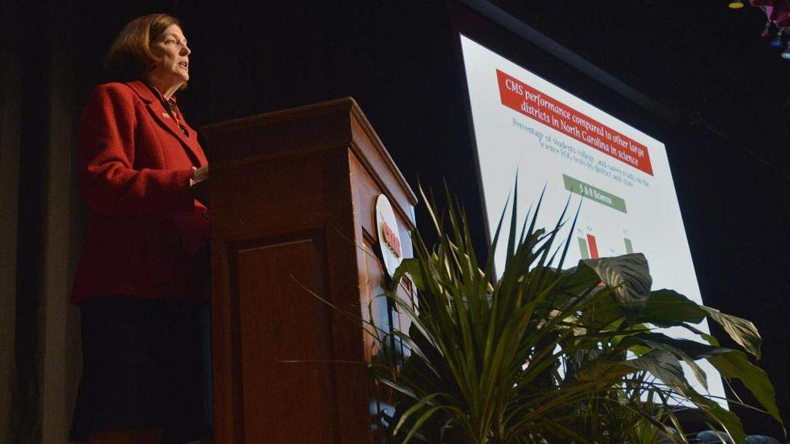 Ann Clark delivers the annual State of Our Schools speech to an invitation-only crowd of business, education and community leaders at West Charlotte High, Thursday, January 21, 2016.