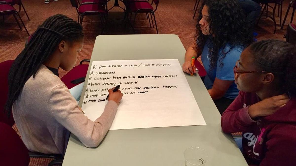 Students at a special meeting of Charlotte-Mecklenburg Youth Voice brainstorm ideas for responding to school shootings.