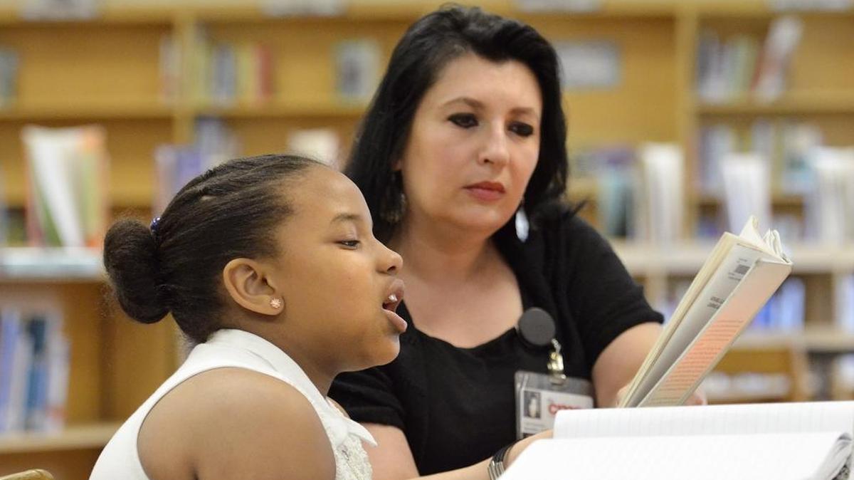 Lisa Brizendine, a CMS administrator, read to Nathaniel Alexander Elementary third-grader Torian Franks last year. Torian passed the reading exam.