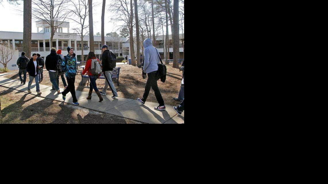 
Students walk between classes in January at Wake Tech Community College, where President Steven Scott welcomes a House proposal to create full scholarships for high-achieving students who enroll in the community college system for two years. 
