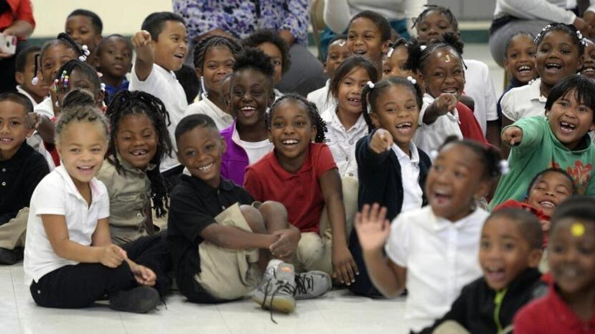 Elementary students at Walter G. Byers preK-8 school enjoy a 2015 pep rally.