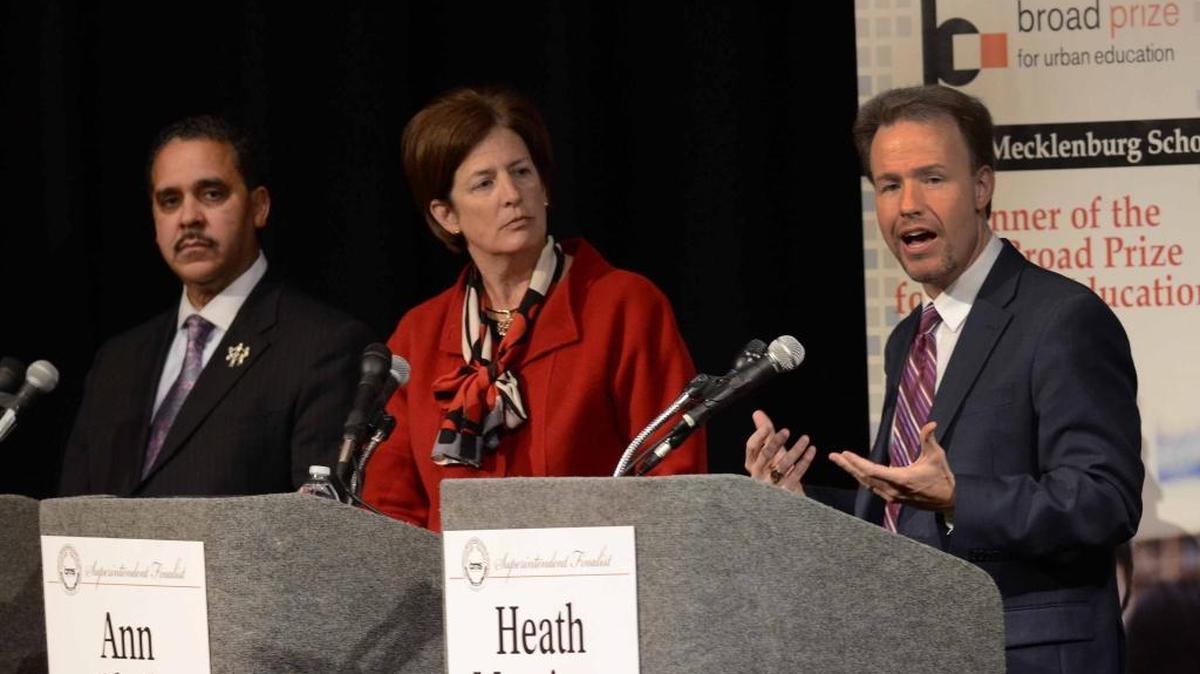 Kriner Cash, Ann Clark and Heath Morrison (left to right) all met the public in 2012 before the CMS board hired Morrison.