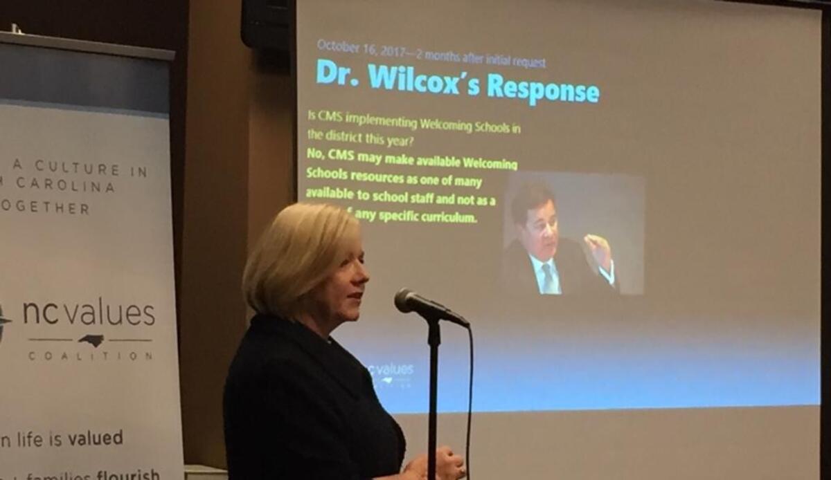 Tami Fitzgerald, executive director of the N.C. Values Coalition, outlines CMS Superintendent Clayton Wilcox’s response to her queries about programs for LGBT students.
