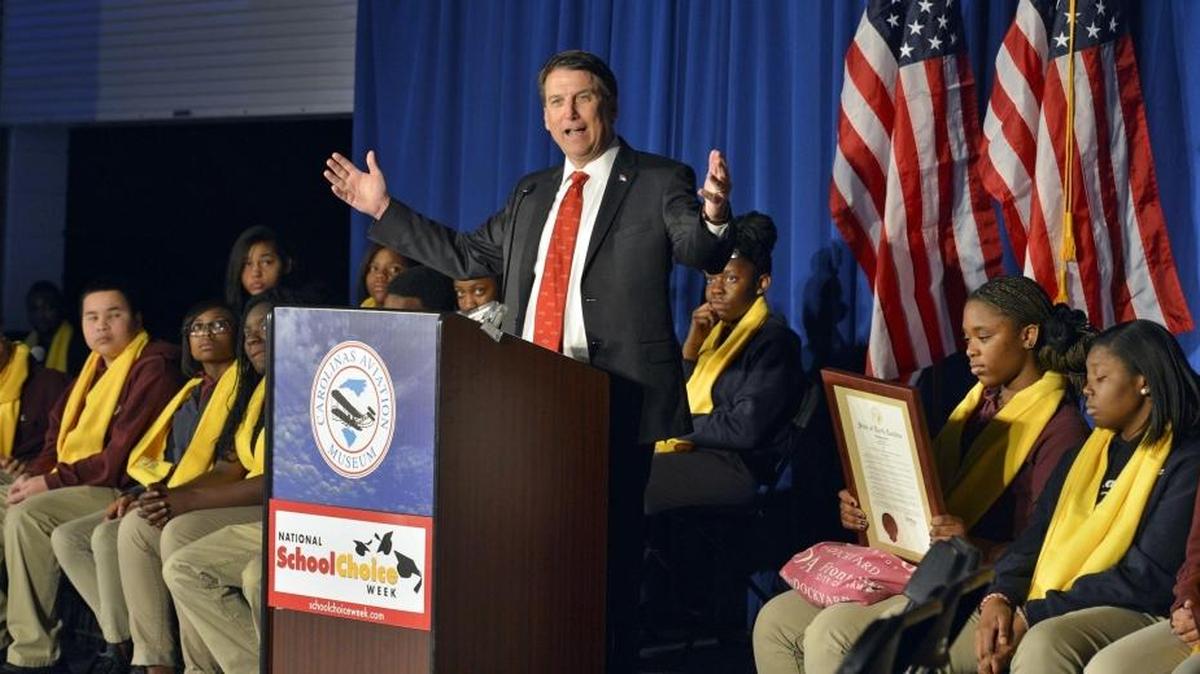 N.C. Gov. Pat McCrory spoke at a 2014 school choice rally in Charlotte, accompanied by students from Sugar Creek Charter School.