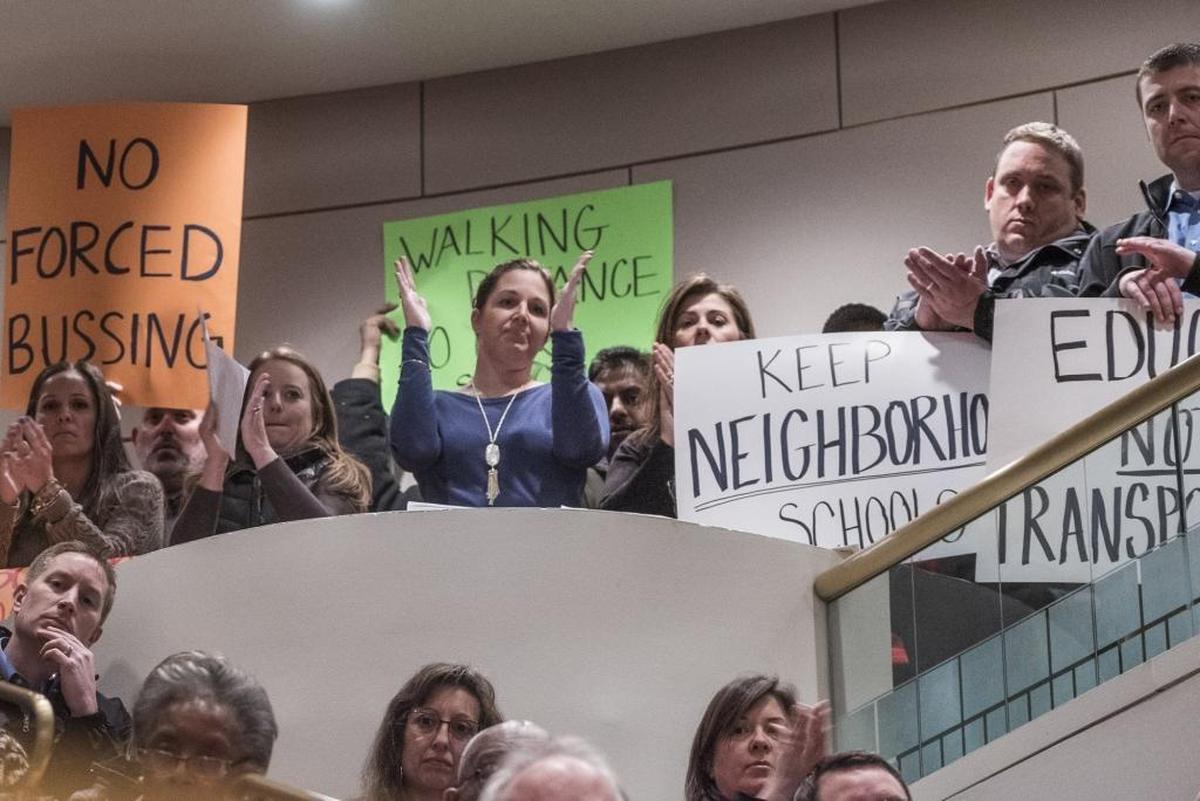 Neighborhood school supporters turned out for this 2016 hearing on student assignment goals.