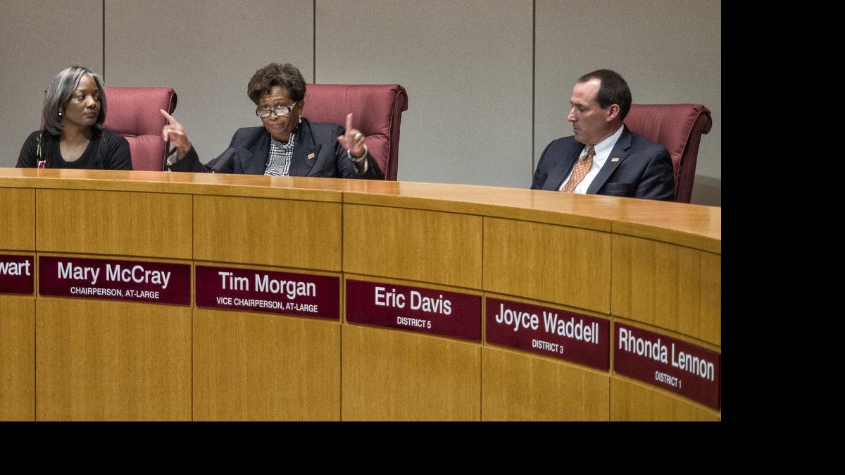 
School board member Ericka Ellis-Stewart, chairwoman Mary McCray and vice chairman Tim Morgan

