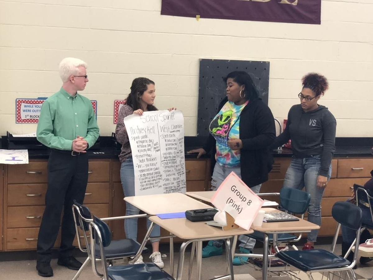 Ardrey Kell students Bryan Fischer and Savannah Dumas and West Charlotte students Jada Walker and Danajah Reese (left to right) report on how their schools comapare on school spirit.
