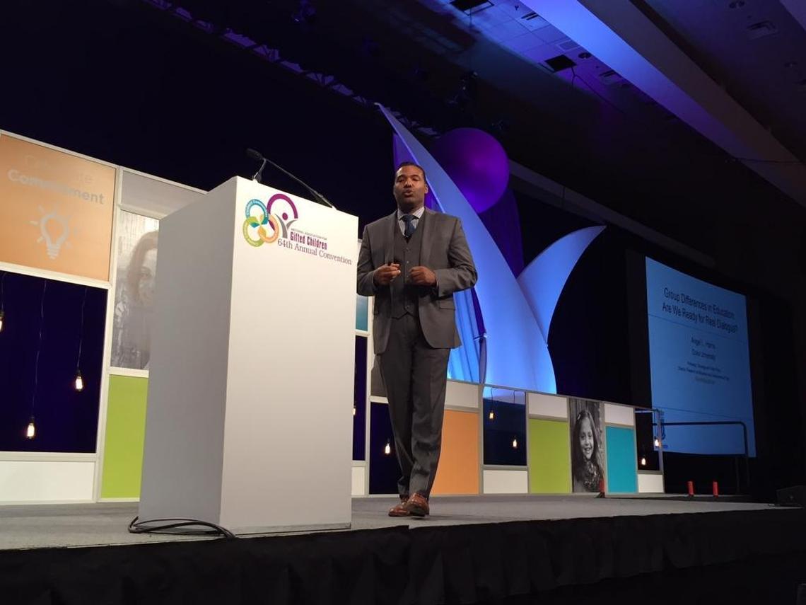 Duke University sociology professor Angel Harris speaks at the National Association for Gifted Children convention in Charlotte on Thursday.