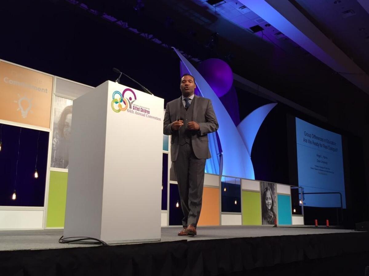 Duke University sociology professor Angel Harris speaks at the National Association for Gifted Children convention in Charlotte on Thursday.