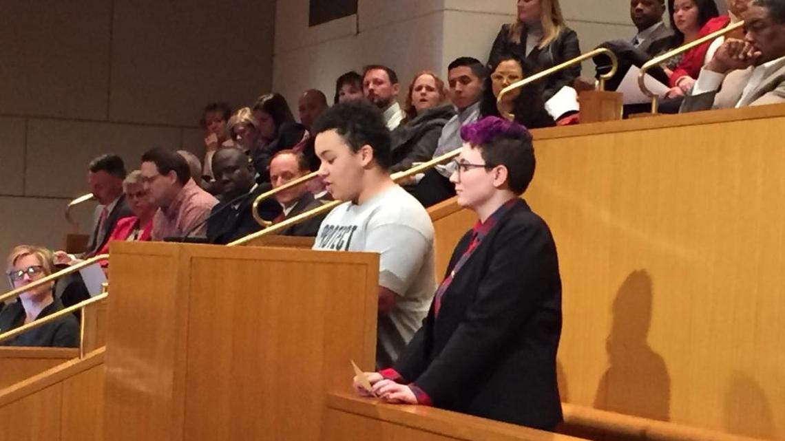 Vincent Holt (left) of Northwest School of the Arts and Alex Donatelli of East Mecklenburg High thanked the CMS board Tuesday for embracing students with different gender identities.