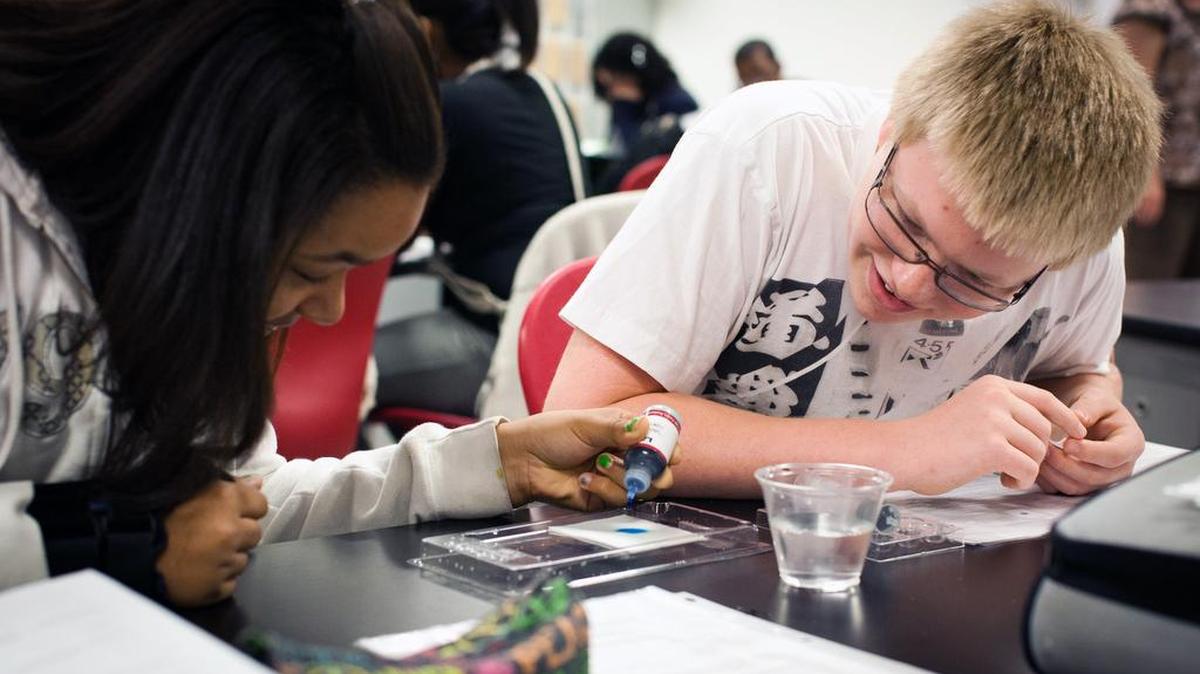 Two Wake STEM Early College High School students work in earth science class.
