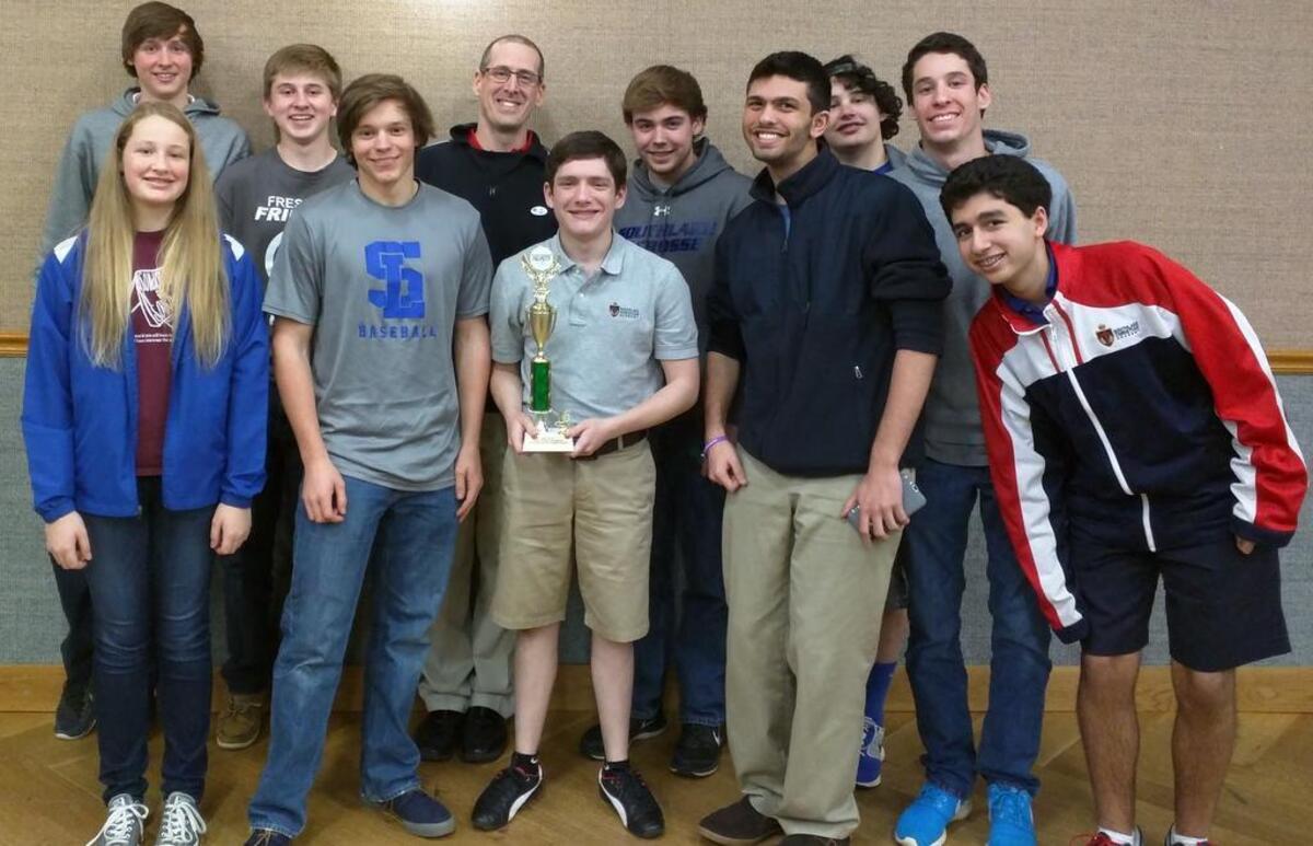 These SouthLake Christian Academy engineering students finished third in the Tests of Engineering Aptitude, Mathematics and Science competition held March 15 at UNC Charlotte. Pictured, front from left, are Abby Peck, Bryce Gibson, Mason Scoggins, Joshua Bas, Bryce Hosseini; back from left, Kaleb Cassady, Zach Geist, Eric Bartel, Chris Jackson, Zacheri McIsaac and Thomas Carter.