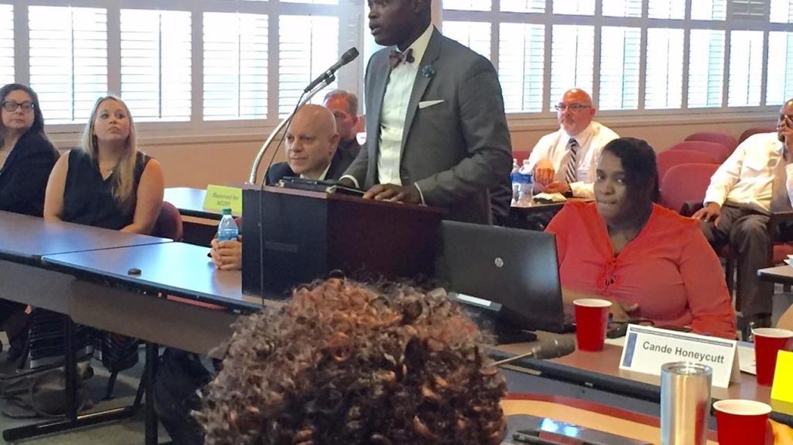 Emmanuel Vincent, principal of Thunderbird Prep charter school, speaks to the Charter School Advisory Board in Raleigh on Monday.