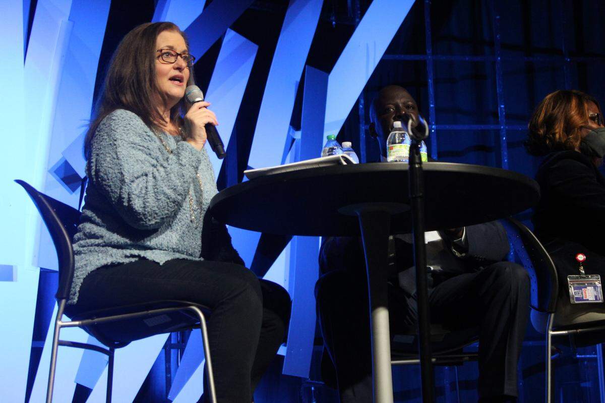 Charlotte-Mecklenburg Schools Superintendent Earnest Winston and school board member Rhonda Cheek participate in a town hall on school safety in Huntersville, NC, on Wednesday, Nov. 17, 2021.