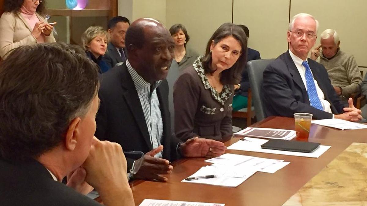 Project LIFT co-chairs Richard “Stick” Williams (left) and Anna Spangler Nelson led Tuesday’s joint meeting with the Charlotte-Mecklenburg school board.