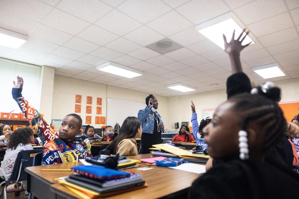 Students listen during math in Shelly Andrew’s 3rd grade class in at Allenbrook Elementary School in Charlotte N.C., on Monday, October 3, 2022.