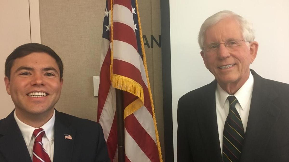 State Schools Superintendent Mark Johnson and State Board of Education Chairman Bill Cobey pose for a picture at the State Board meeting in August.