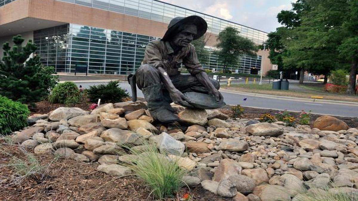 
UNC Charlotte statue of the 49er panning gold 
