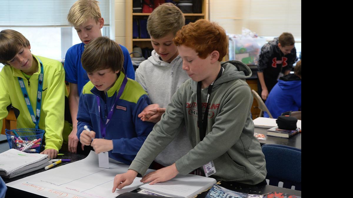 
A single-gender magnet, like this all-male class at South Charlotte Middle School, is one of the ideas that Charlotte-Mecklenburg Schools leaders have talked about as they review the specialized programs.
