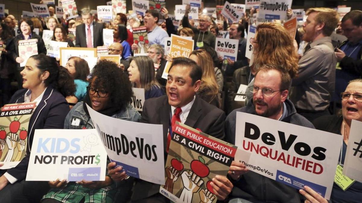 California educators protest President Donald Trump’s nomination of Betsy DeVos as education secretary in January.