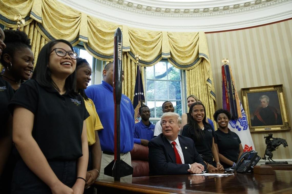 President Donald Trump speaks during a visit by the Victory Christian Center School from Charlotte.