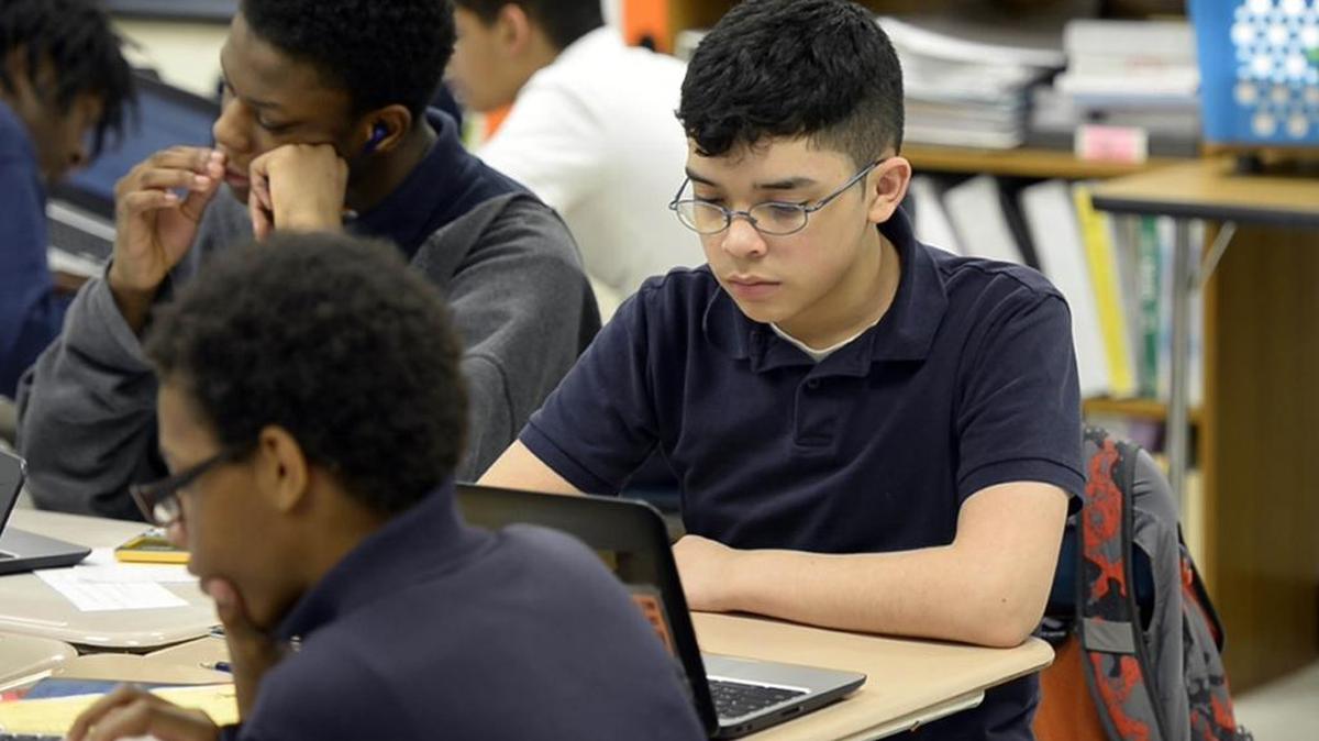 Victor Guevara in his Math I class at Albemarle Road Middle School. He was assigned there after mistakenly being scheduled for regular eighth-grade math, despite high math scores.