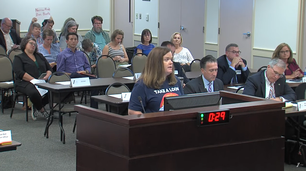 Ellen Ivers, a parent of three children, speaks Monday during the Cabarrus County Board of Education meeting. A number of parents attended the meeting to speak out about a proposed policy to set aside media, including books, deemed innapropriate for all students.