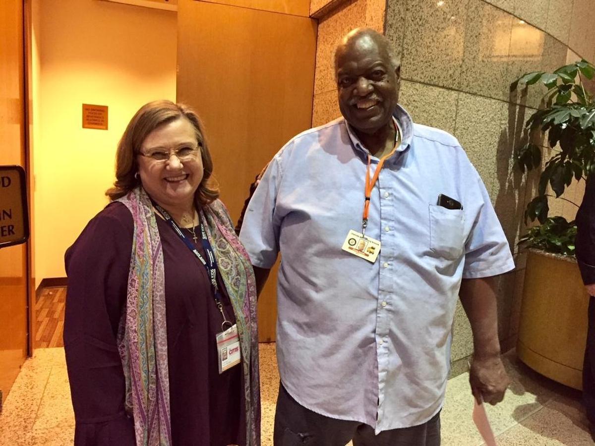 Laura Ladd Jones (left), the voice of Gus the Bus, is retiring from CMS after more than 41 years. James Draffin, a maintenance services supervisor, retires June 1 after 50 years in the transportation department.