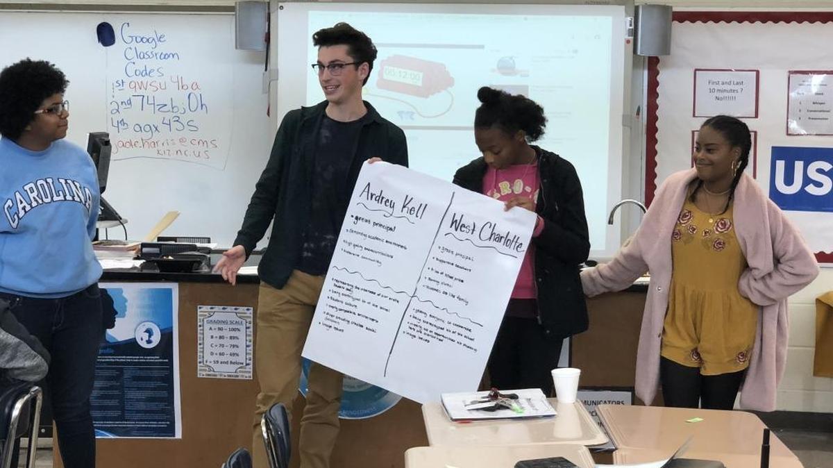 West Charlotte student body president Morgan Harris, Ardrey Kell student body president Jackson Dumas, West Charlotte student Da’Jeanna Scales and Ardrey Kell student Jayda Burghardt (left to right) summarize how their schools are similar and different.