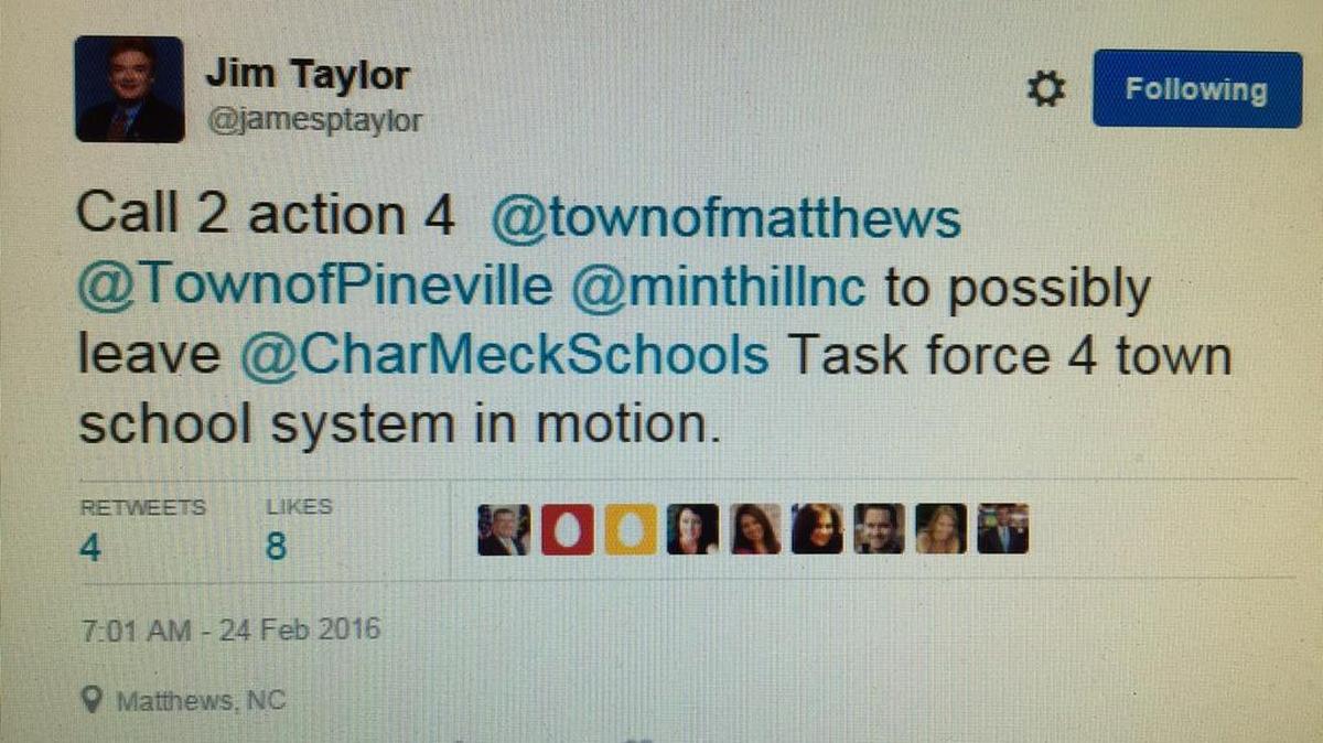 Matthews Mayor Jim Taylor’s Wednesday morning tweet calling for a task force to explore a school district split.
