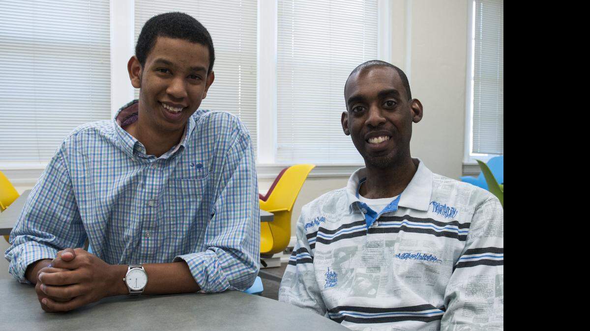 
Joshua Johnson, left, a Winthrop student majoring in special education, with Terence Brice, recipient of a $10,000 Autism Speaks United Negro College Fund scholarship. Johnson is Brice’s peer mentor in the Winthrop “Think College” program. 
