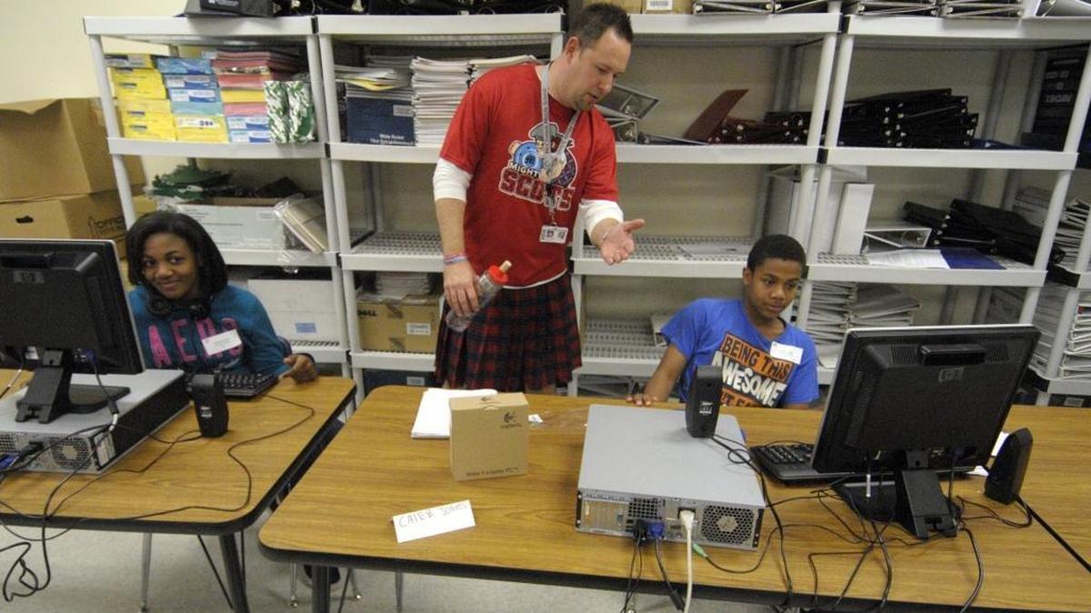 Paul Williams at a McClintock Middle School family night, dressed as the school’s Mighty Scot mascot.
