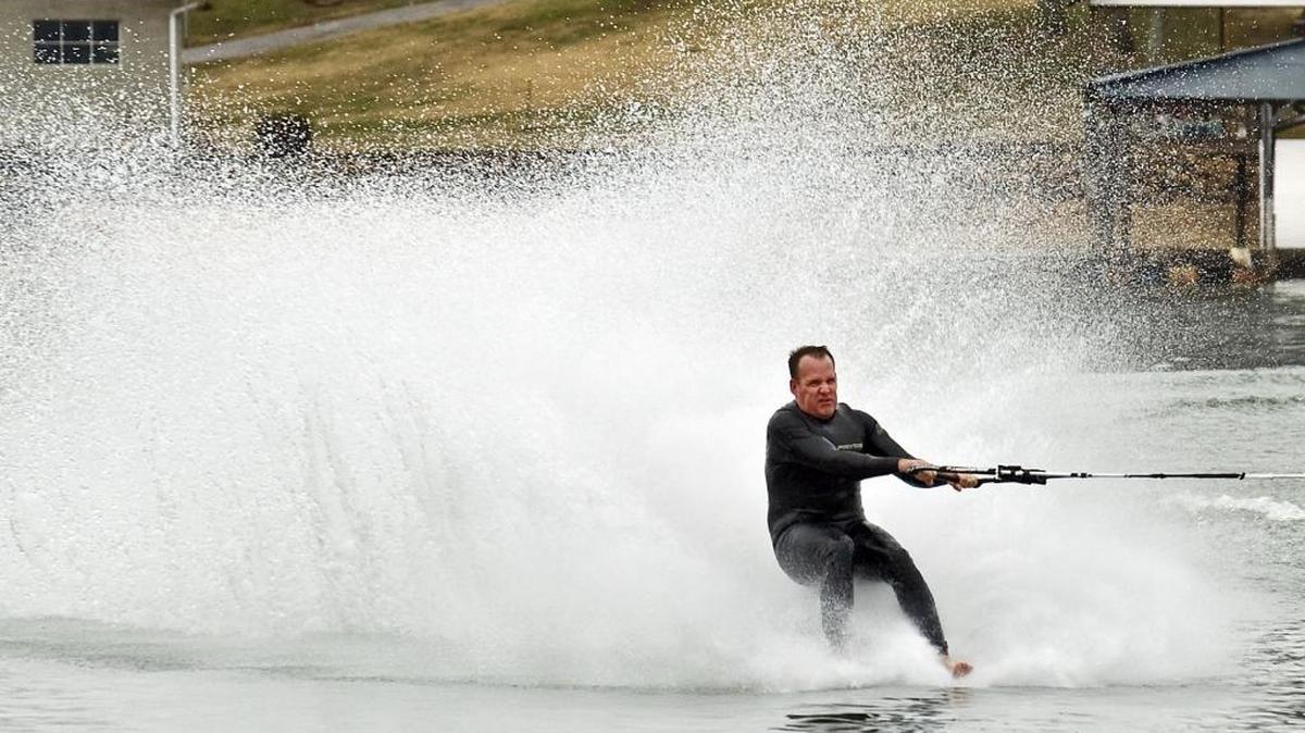 A skier competes in the Lake Norman 39th Annual New Year’s Day Barefoot Tournament on Jan. 1.