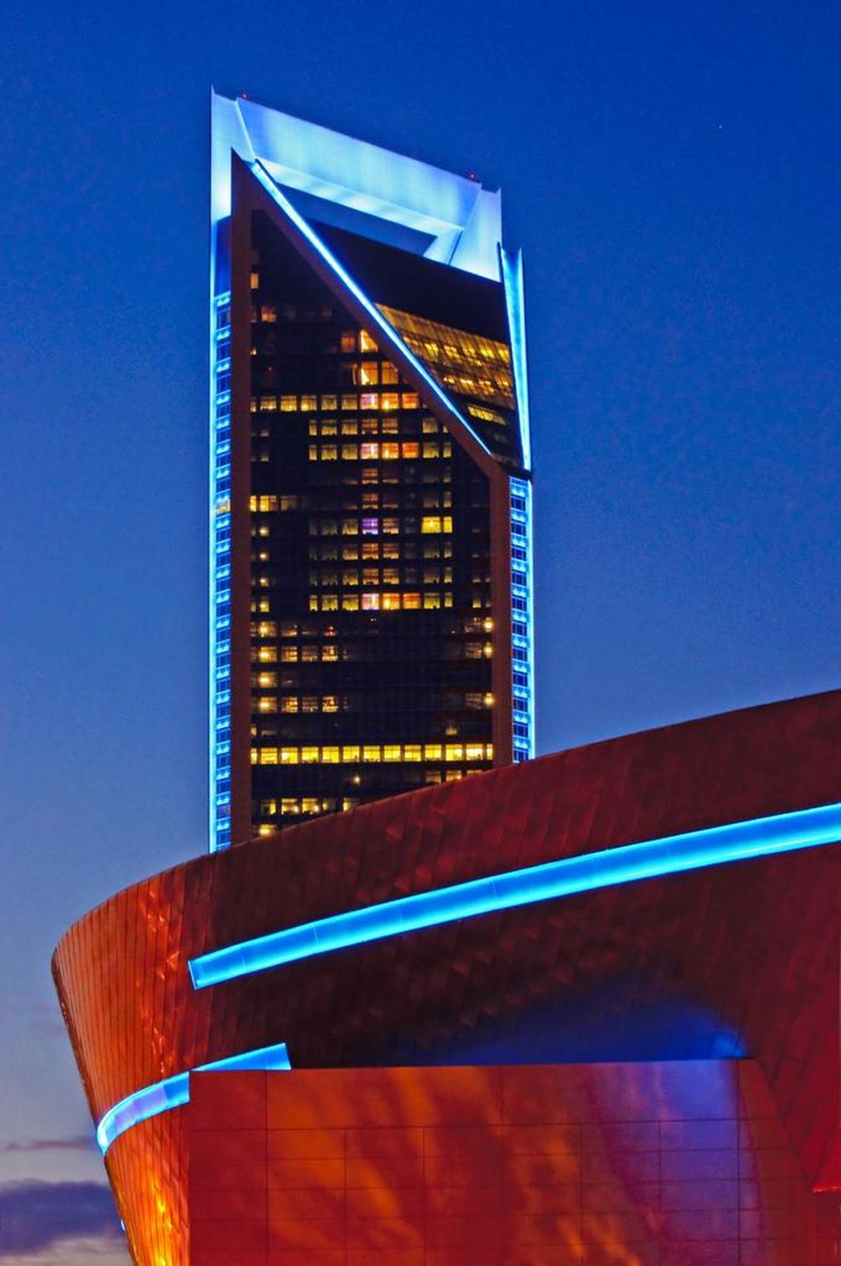 Duke Energy Center lights turned blue along with the NASCAR Hall of Fame lights.