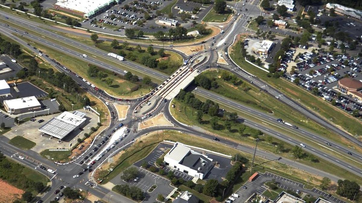 The diverging diamond interchange at exit 28 on I-77