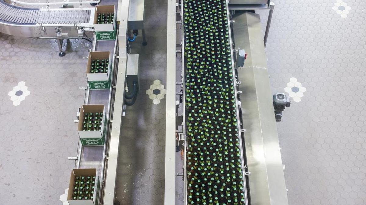 Bottles of beer travel down the line at Sierra Nevada Brewing Company in Mills River, North Carolina.
