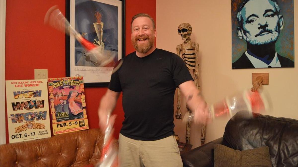 Conway, S.C. resident Bryan Fulton juggles juggling clubs in his living room. Fulton toured with Ringling Bros. and Barnum & Bailey circus from 1996 to 2002.