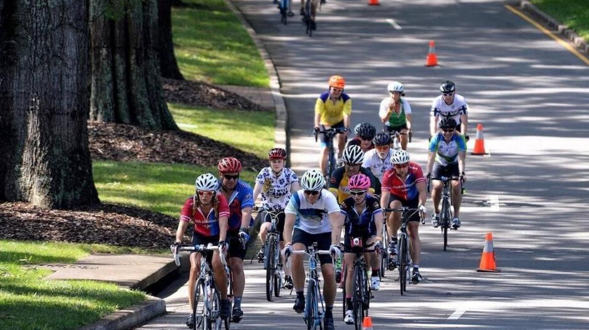 Some of the 1,200 cyclists participating in this year’s 24 Hours of Booty continue along the 3-mile route called the “Booty Loop.”